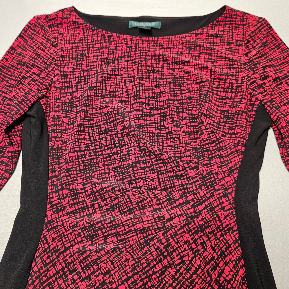 Lauren Ralph Lauren Sheath Dress‎ Womens 8 Red Black Abstract Ruched Workwear